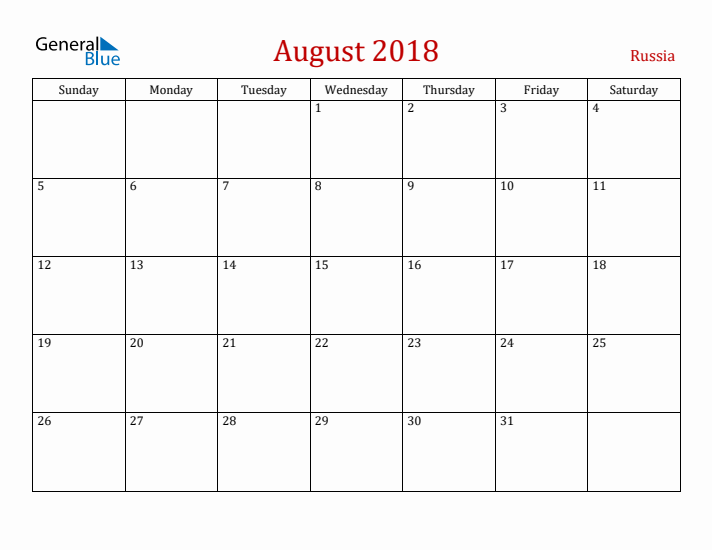 Russia August 2018 Calendar - Sunday Start