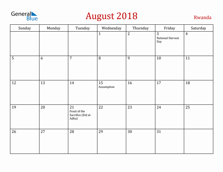 Rwanda August 2018 Calendar - Sunday Start