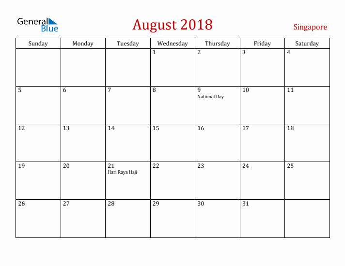 Singapore August 2018 Calendar - Sunday Start