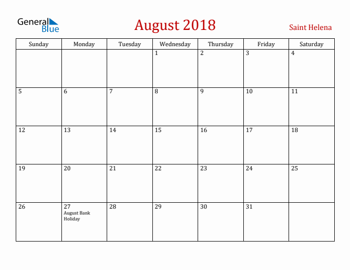 Saint Helena August 2018 Calendar - Sunday Start