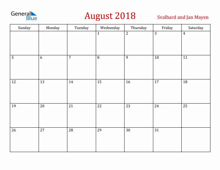 Svalbard and Jan Mayen August 2018 Calendar - Sunday Start