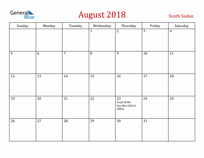 South Sudan August 2018 Calendar - Sunday Start
