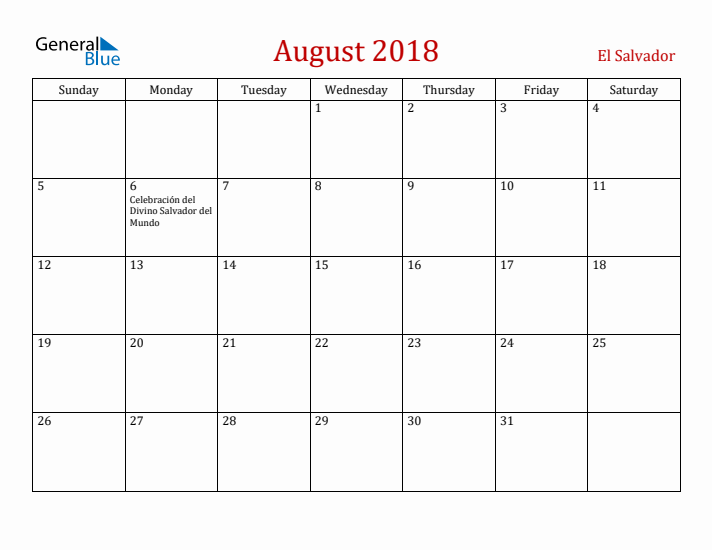El Salvador August 2018 Calendar - Sunday Start