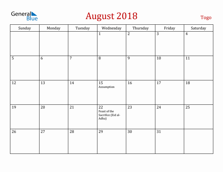 Togo August 2018 Calendar - Sunday Start