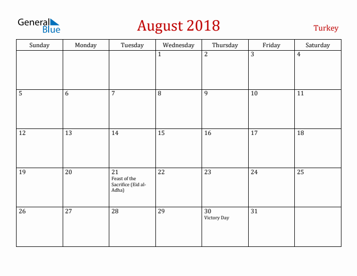 Turkey August 2018 Calendar - Sunday Start