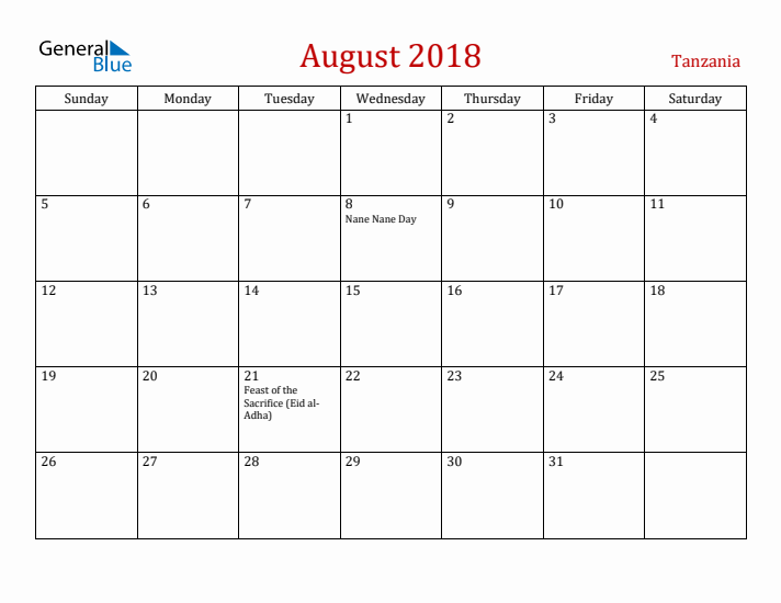Tanzania August 2018 Calendar - Sunday Start