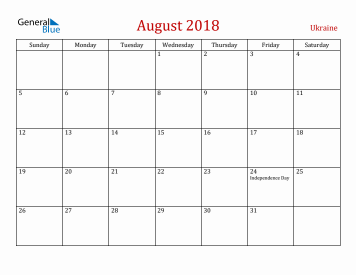 Ukraine August 2018 Calendar - Sunday Start