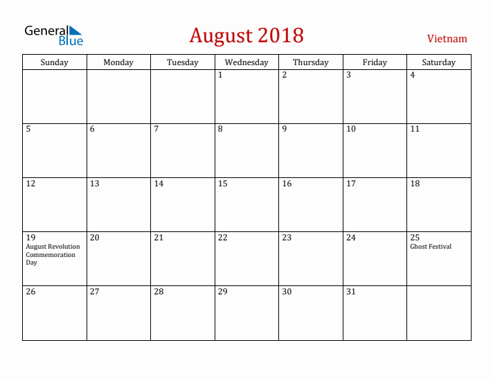 Vietnam August 2018 Calendar - Sunday Start