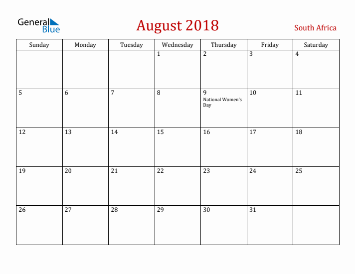 South Africa August 2018 Calendar - Sunday Start
