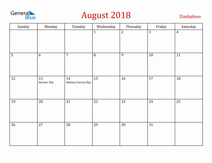 Zimbabwe August 2018 Calendar - Sunday Start