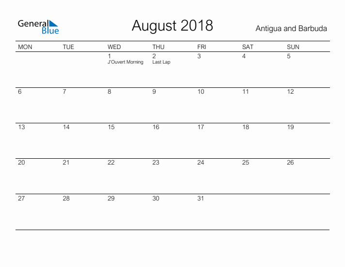 Printable August 2018 Calendar for Antigua and Barbuda