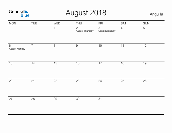 Printable August 2018 Calendar for Anguilla