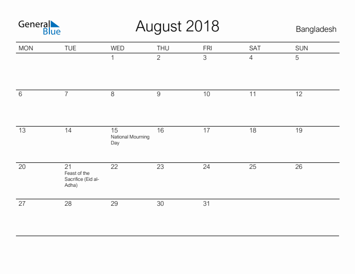 Printable August 2018 Calendar for Bangladesh