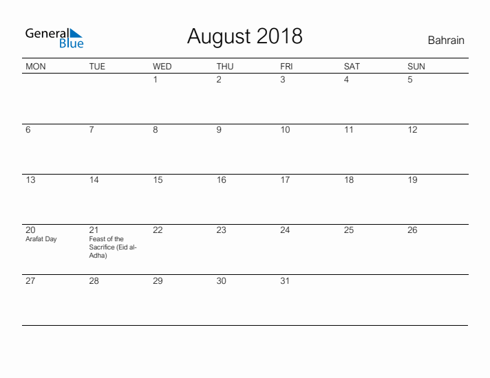 Printable August 2018 Calendar for Bahrain