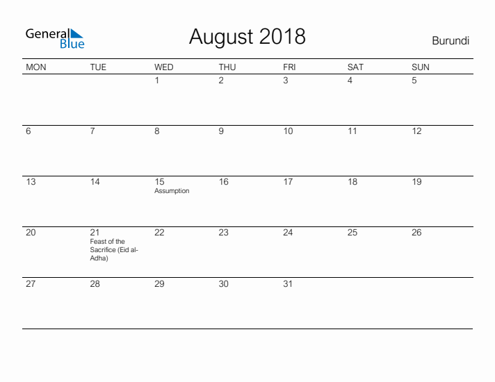 Printable August 2018 Calendar for Burundi
