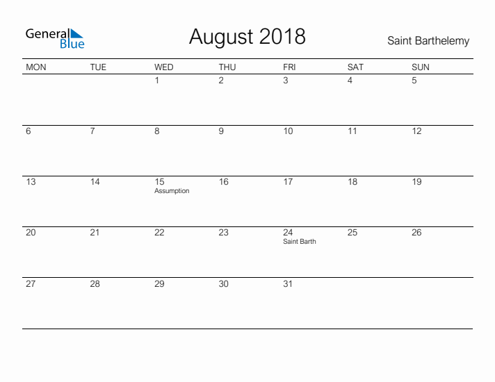 Printable August 2018 Calendar for Saint Barthelemy
