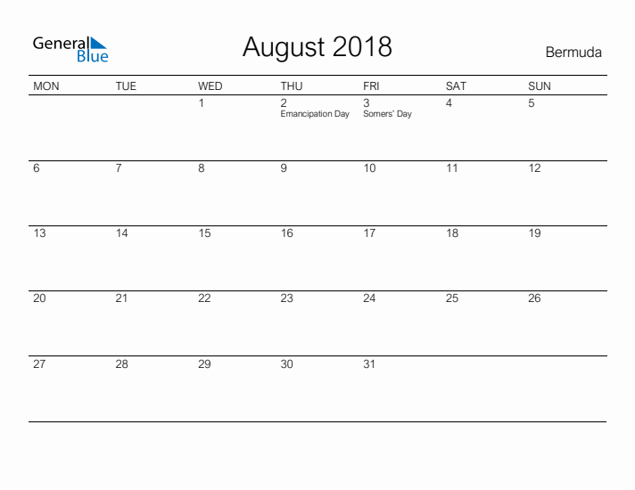Printable August 2018 Calendar for Bermuda