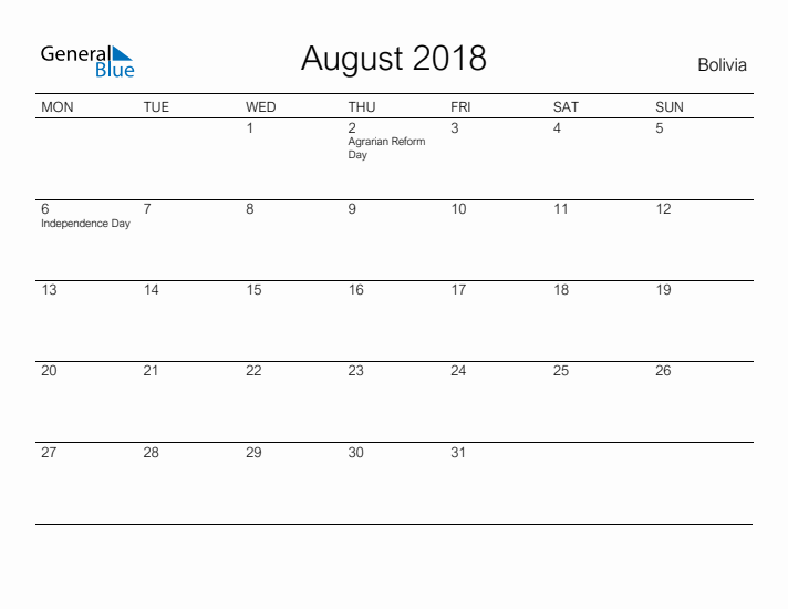 Printable August 2018 Calendar for Bolivia