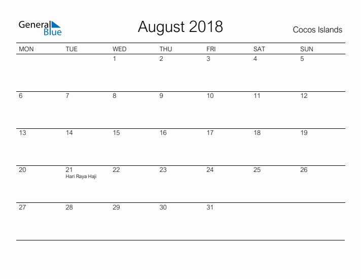 Printable August 2018 Calendar for Cocos Islands