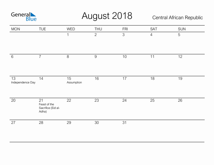 Printable August 2018 Calendar for Central African Republic