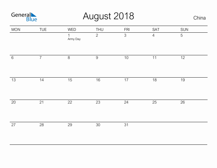 Printable August 2018 Calendar for China