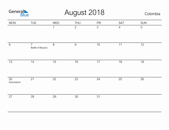 Printable August 2018 Calendar for Colombia