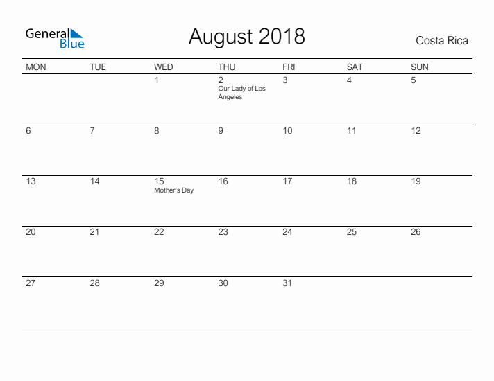 Printable August 2018 Calendar for Costa Rica