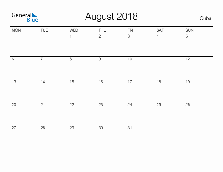 Printable August 2018 Calendar for Cuba