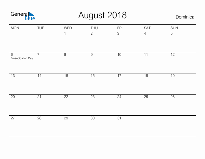 Printable August 2018 Calendar for Dominica