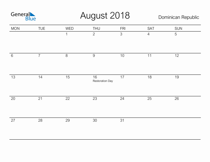 Printable August 2018 Calendar for Dominican Republic