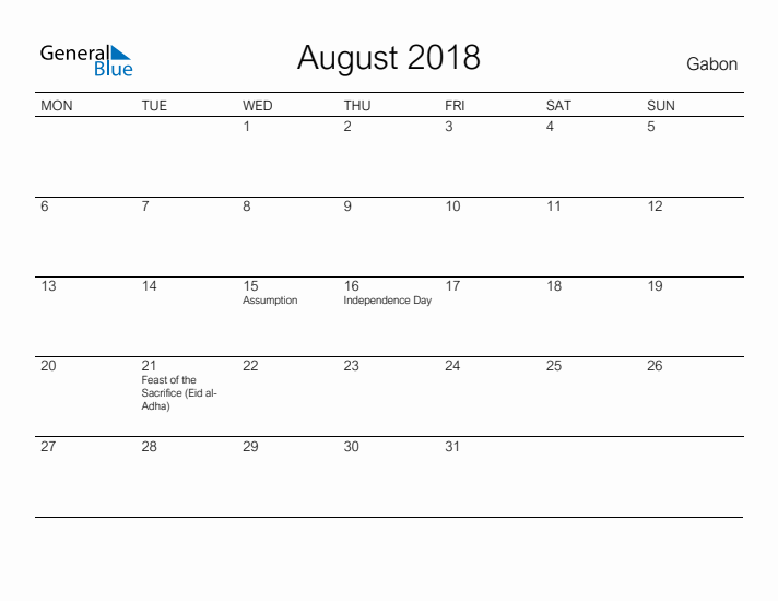 Printable August 2018 Calendar for Gabon