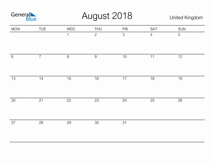 Printable August 2018 Calendar for United Kingdom