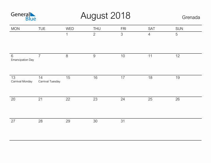 Printable August 2018 Calendar for Grenada