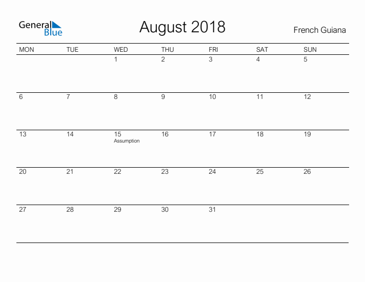 Printable August 2018 Calendar for French Guiana