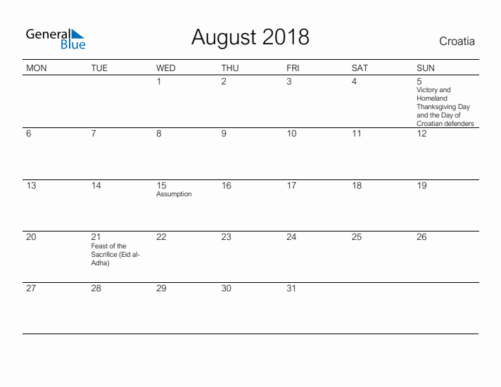 Printable August 2018 Calendar for Croatia