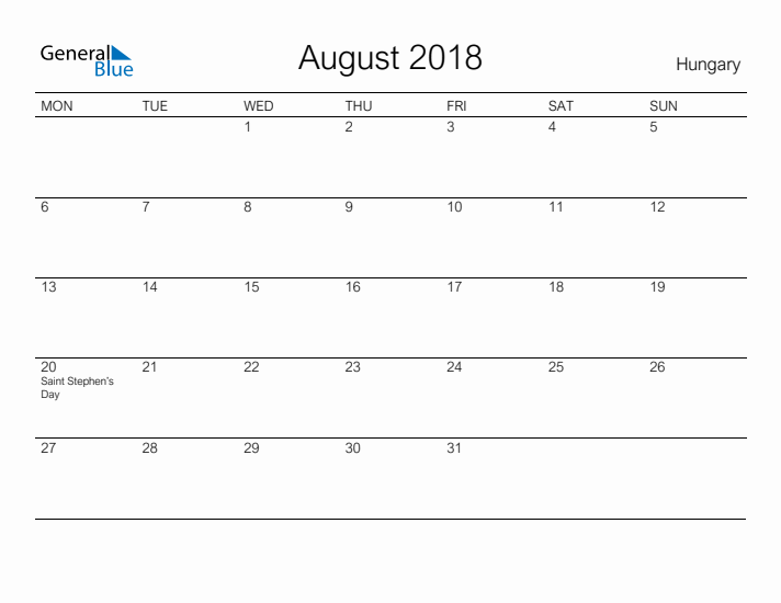 Printable August 2018 Calendar for Hungary