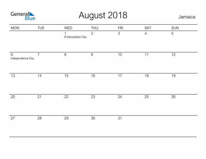 Printable August 2018 Calendar for Jamaica