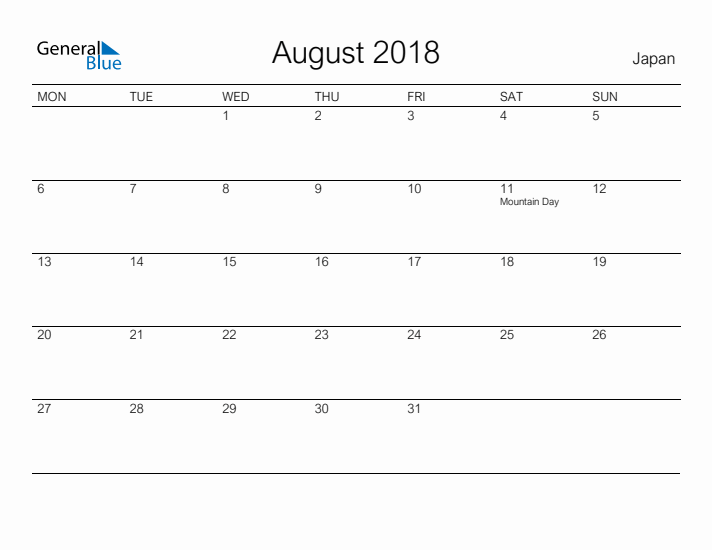 Printable August 2018 Calendar for Japan