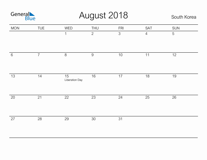 Printable August 2018 Calendar for South Korea