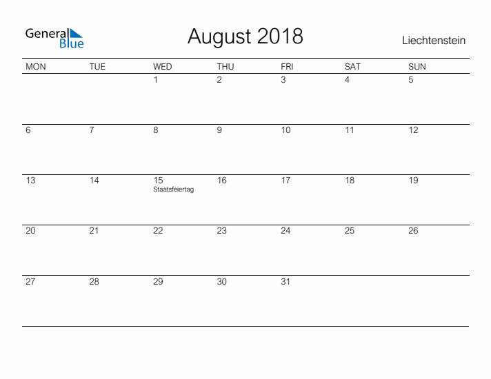 Printable August 2018 Calendar for Liechtenstein