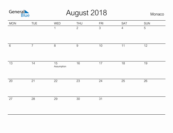 Printable August 2018 Calendar for Monaco