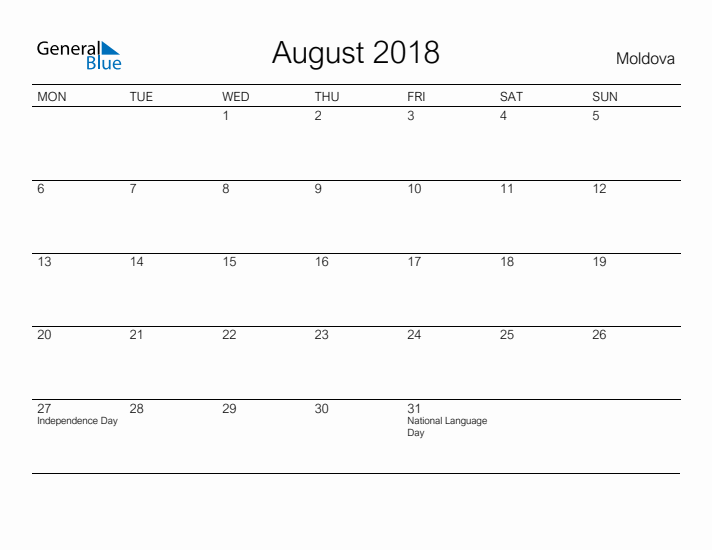 Printable August 2018 Calendar for Moldova