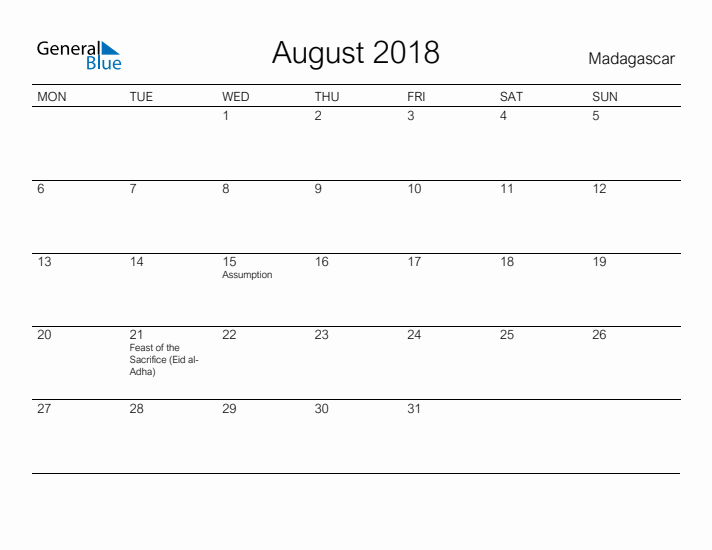 Printable August 2018 Calendar for Madagascar