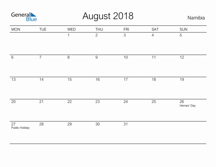 Printable August 2018 Calendar for Namibia