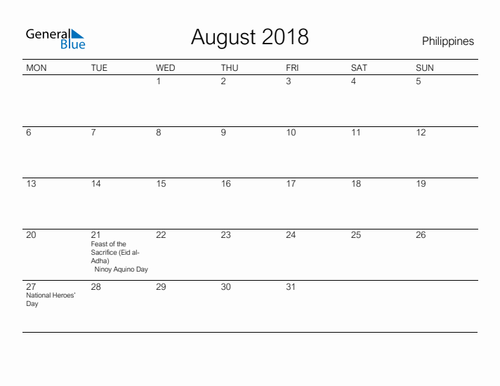 Printable August 2018 Calendar for Philippines