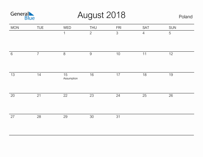 Printable August 2018 Calendar for Poland
