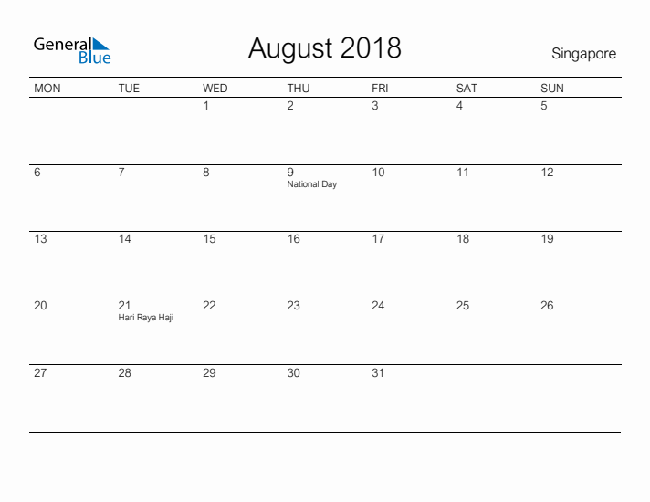 Printable August 2018 Calendar for Singapore