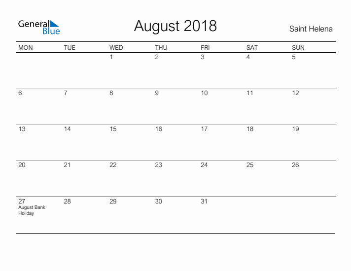 Printable August 2018 Calendar for Saint Helena