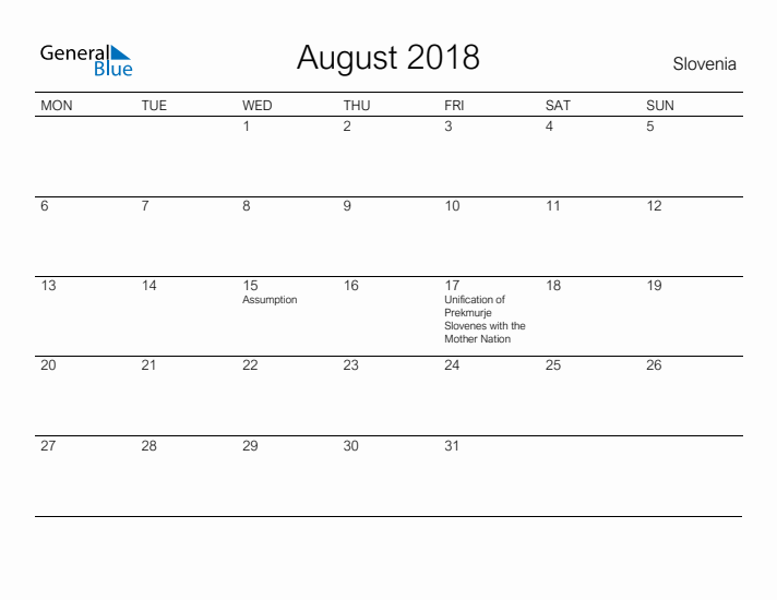 Printable August 2018 Calendar for Slovenia