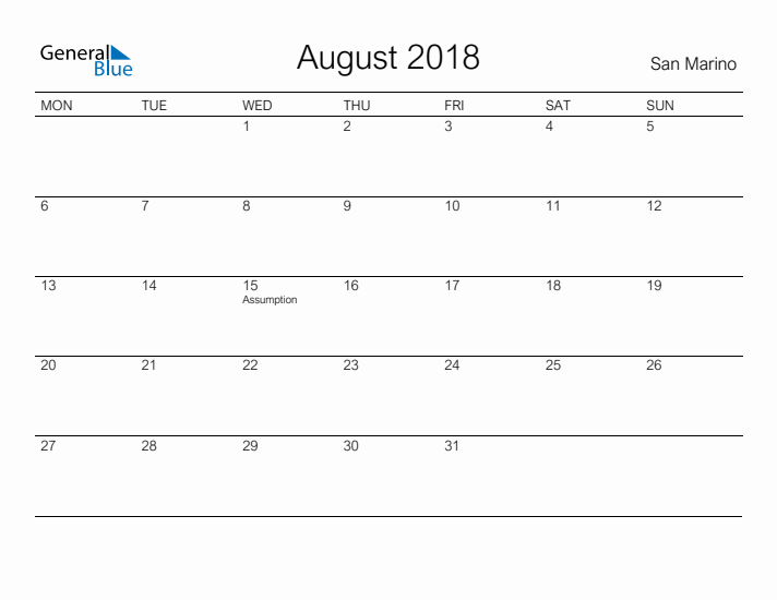 Printable August 2018 Calendar for San Marino